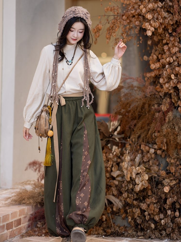 Autumn Hanfu Jacquard Jacket Shirt Bloomers
