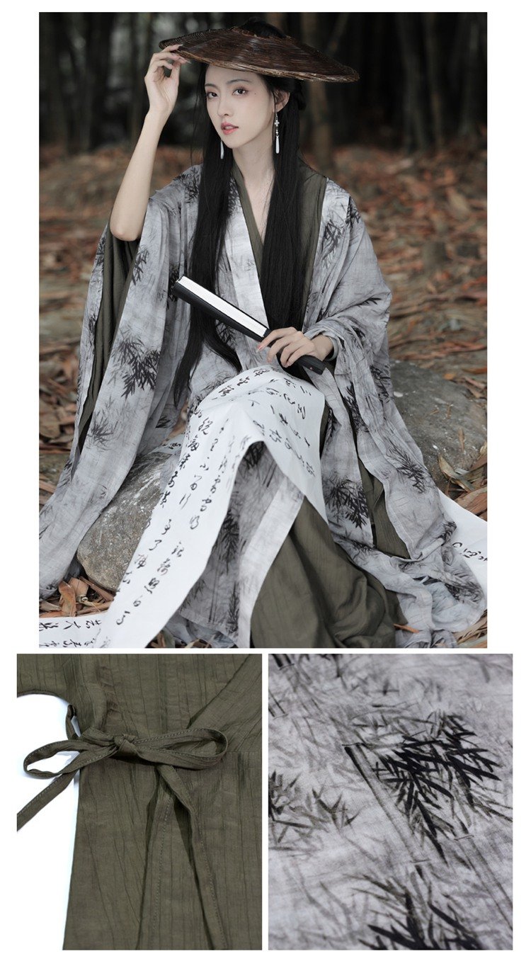 Bamboo-Dyed Frost Wei Jin Hanfu with Wide Sleeves