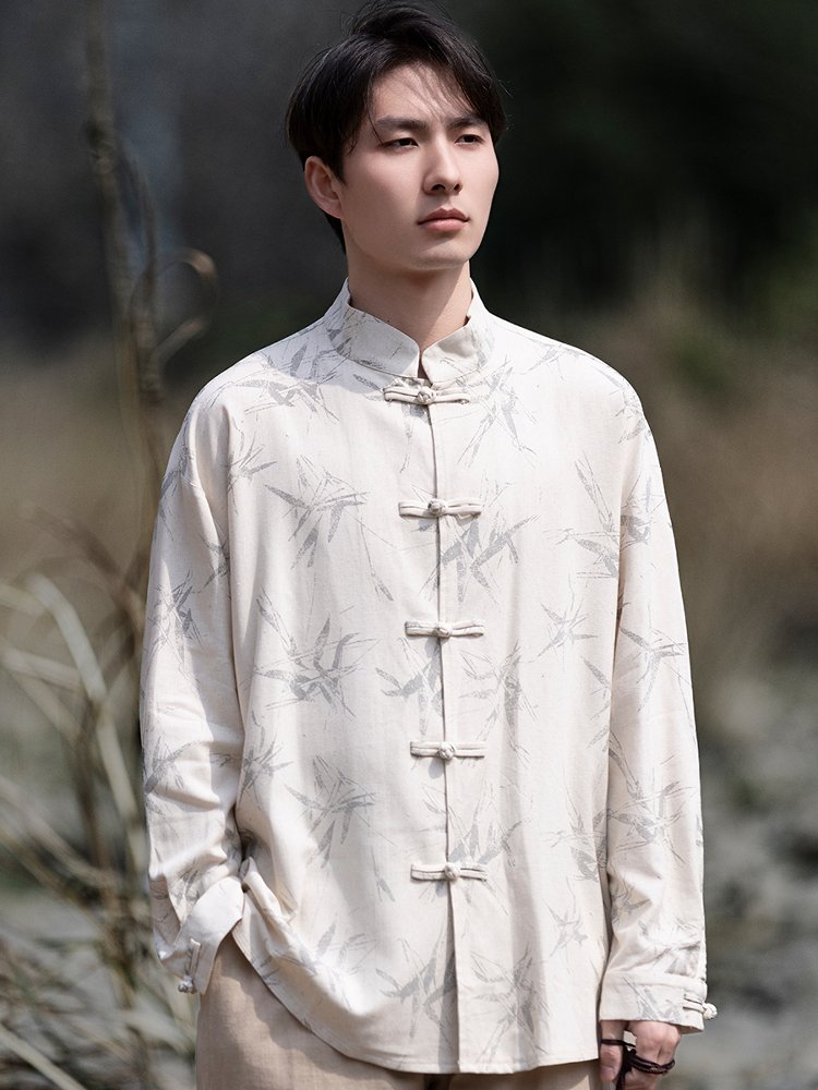 Bamboo Print Men's Linen Shirts Chinese Style Top