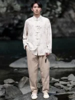 Bamboo Print Men’s Linen Shirts Chinese Style Top - Image 2