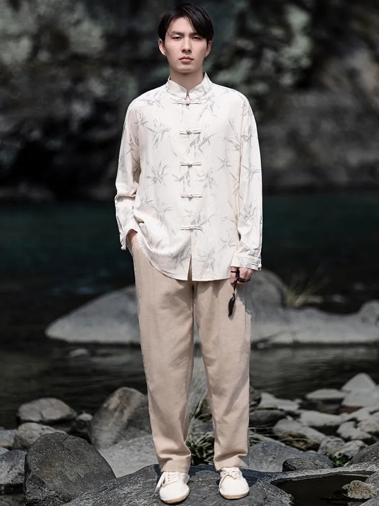 Bamboo Print Men's Linen Shirts Chinese Style Top