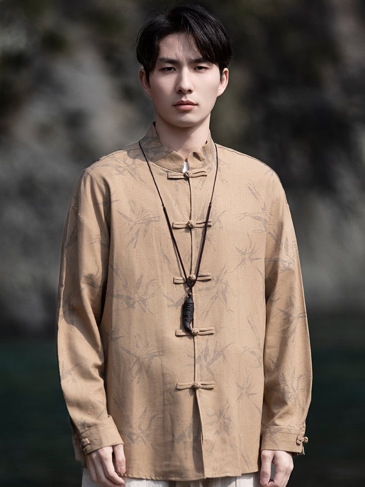 Bamboo Print Men's Linen Shirts Chinese Style Top