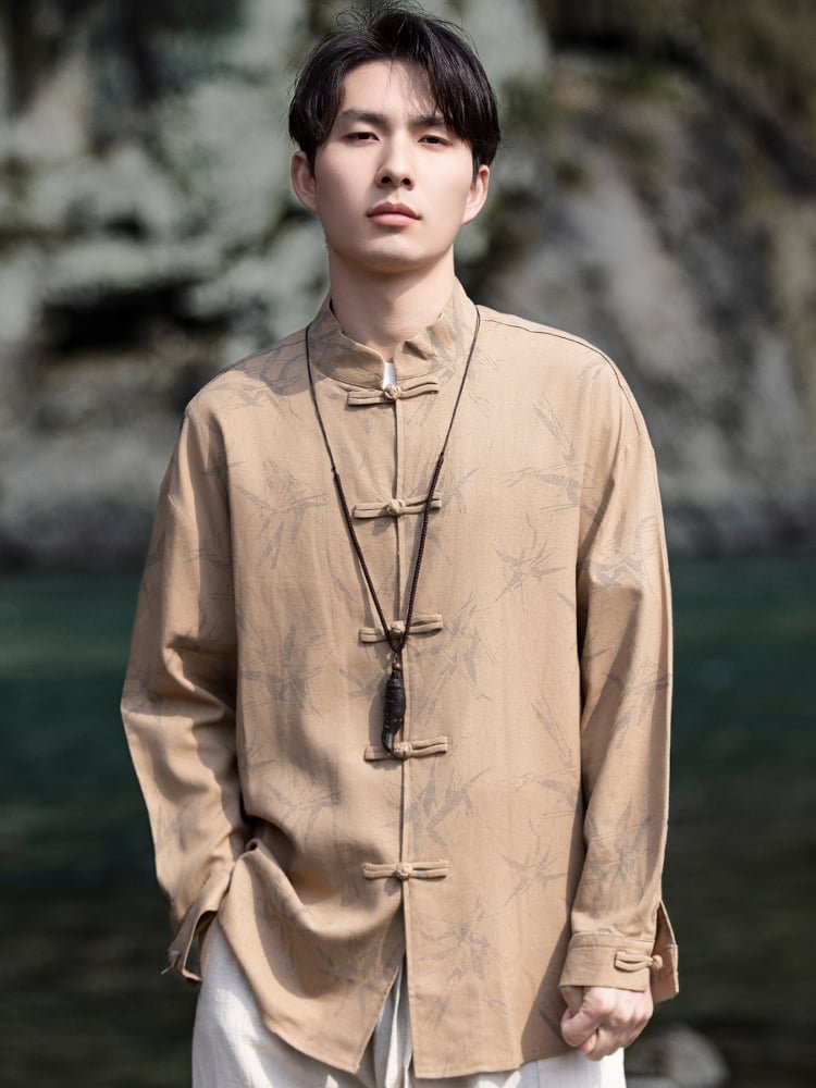 Bamboo Print Men's Linen Shirts Chinese Style Top