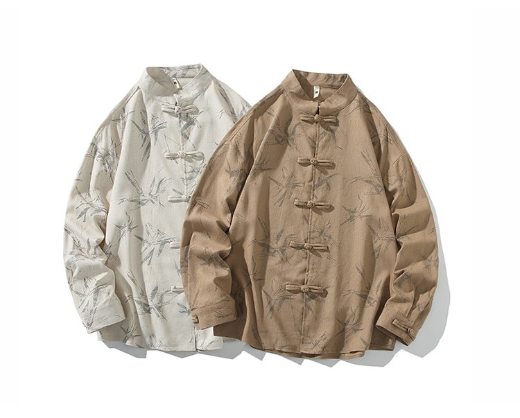 Bamboo Print Men's Linen Shirts Chinese Style Top