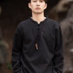 Black Linen Shirt Men Chinese Tang Style T-shirt