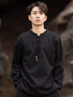 Black Linen Shirt Men Chinese Tang Style T-shirt