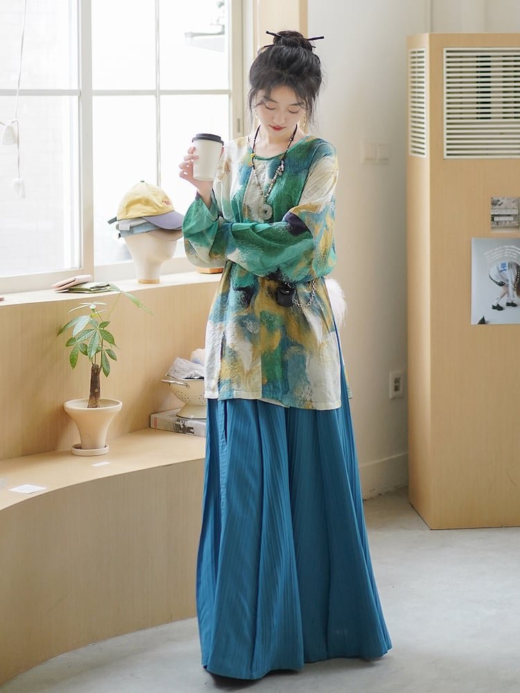 Casual Hanfu Dress Female Modern Top and Skirt