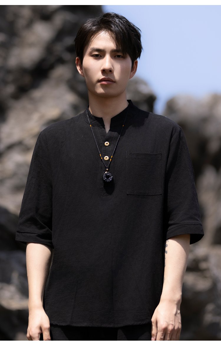 Casual Short-Sleeved Linen Shirts Men Tang Suit