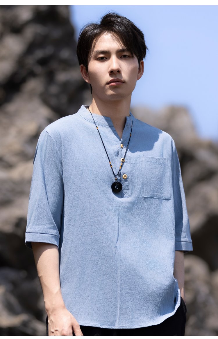 Casual Short-Sleeved Linen Shirts Men Tang Suit
