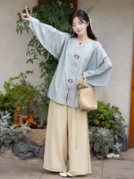 Casual Summer Hanfu Ming Style Shirt with Pants - Image 2