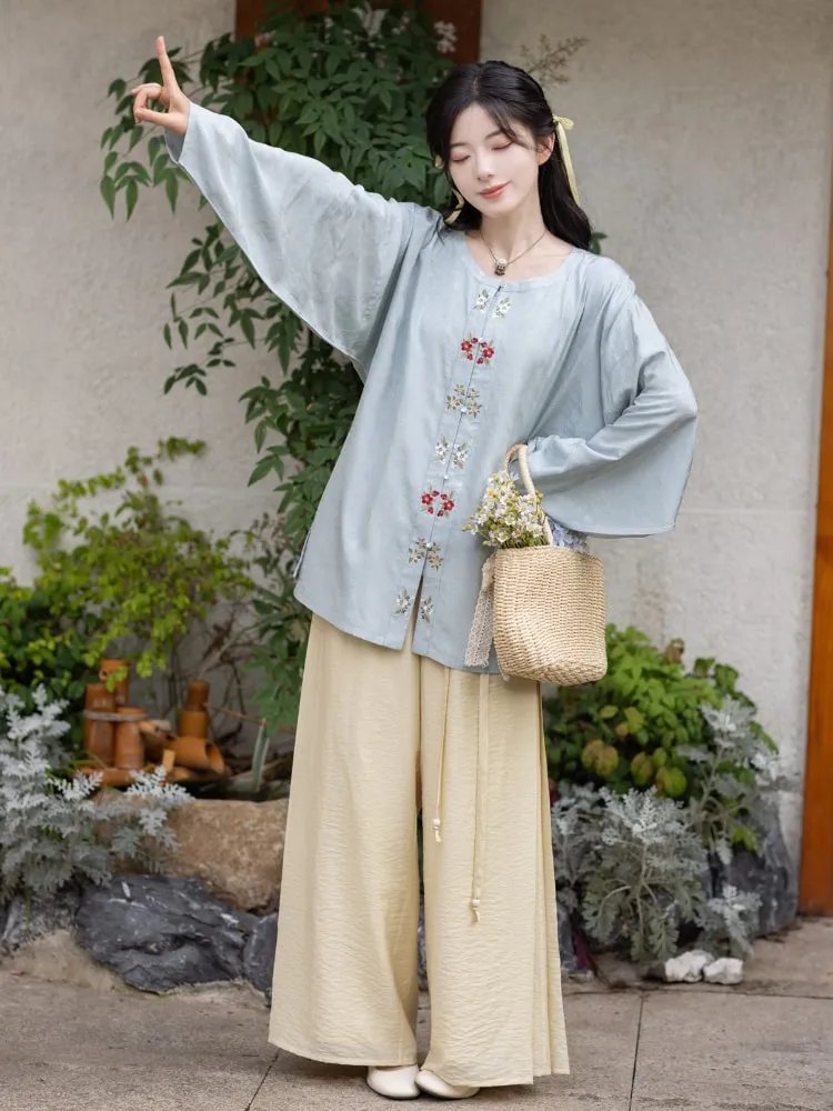 Casual Summer Hanfu Ming Style Shirt with Pants