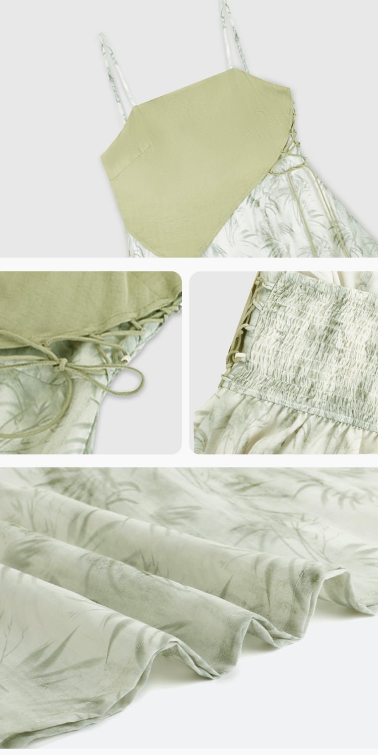 Chinese Bamboo Leaf Print Suspender Dress