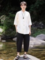 Chinese Collar Shirt For Men Casual Suit Short-Sleeved Top - Image 5