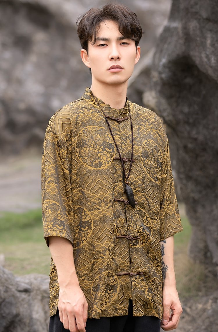 Chinese Collar Shirt Retro Printed Shirt Men