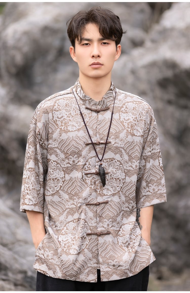 Chinese Collar Shirt Retro Printed Shirt Men