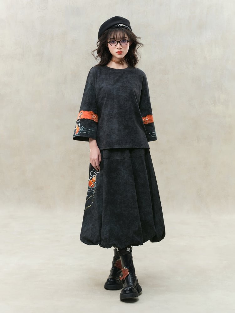 Chinese Embroidered Cotton Skirt Top Set