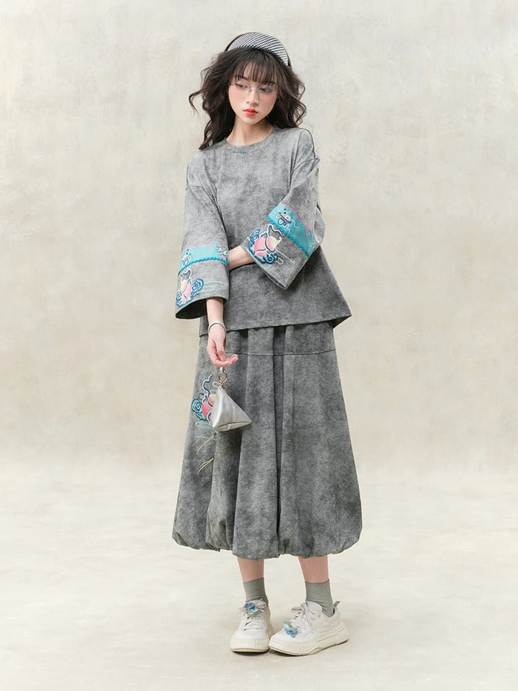 Chinese Embroidered Cotton Skirt Top Set
