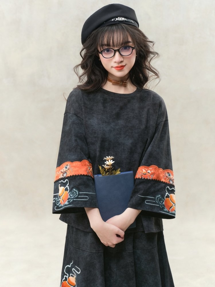 Chinese Embroidered Cotton Skirt Top Set