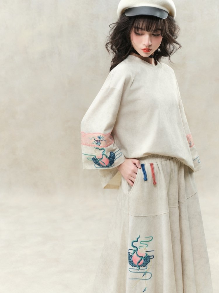 Chinese Embroidered Cotton Skirt Top Set