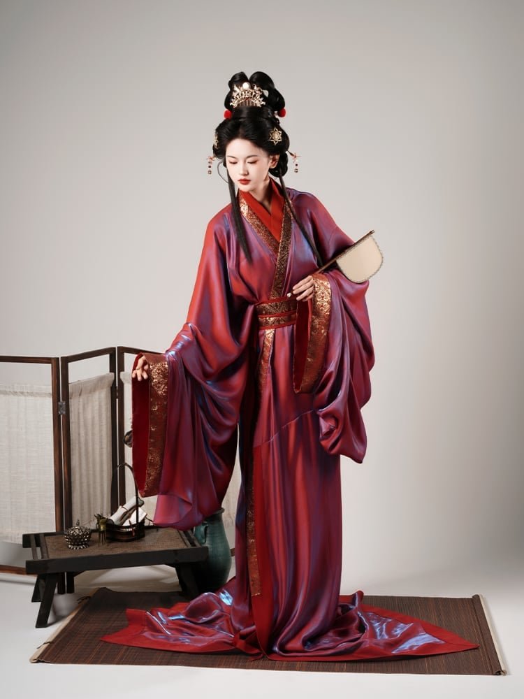 Chinese Hanfu Dress Red Gold Brocade Double Layer