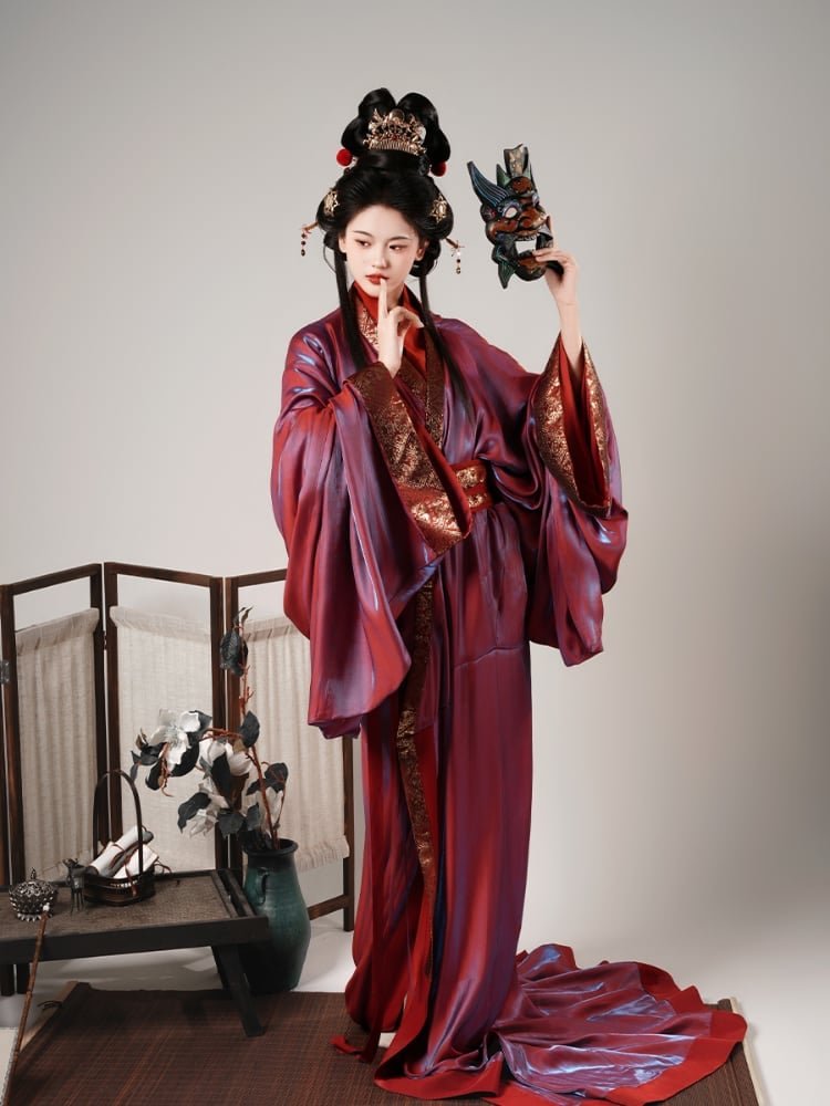 Chinese Hanfu Dress Red Gold Brocade Double Layer