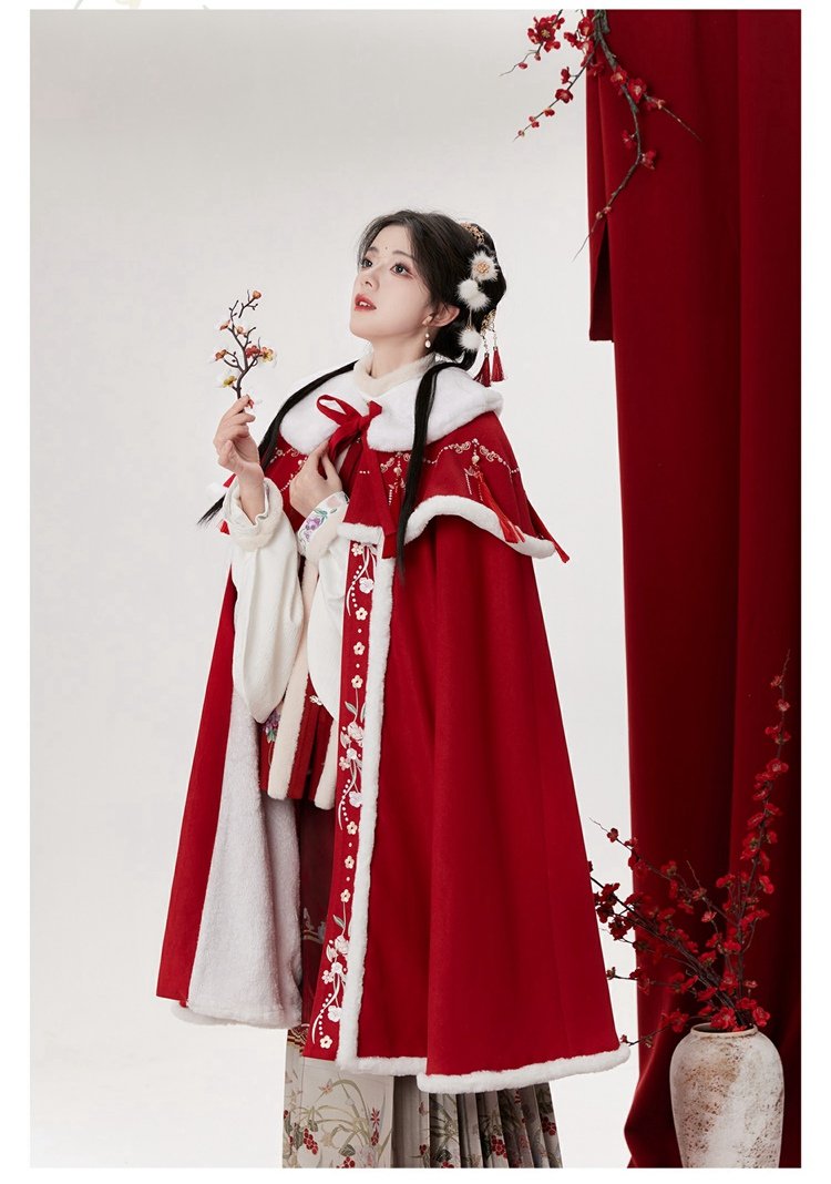Chinese Long Plush Hanfu Winter Cloak Red