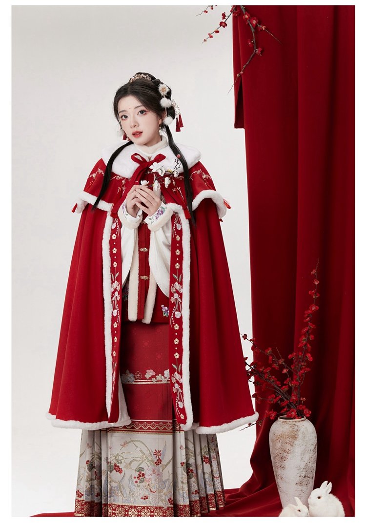 Chinese Long Plush Hanfu Winter Cloak Red