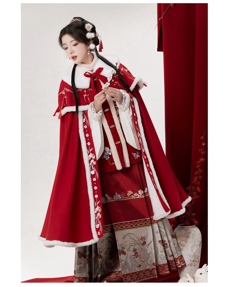 Chinese Long Plush Hanfu Winter Cloak Red