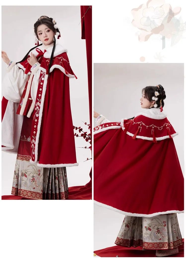 Chinese Long Plush Hanfu Winter Cloak Red