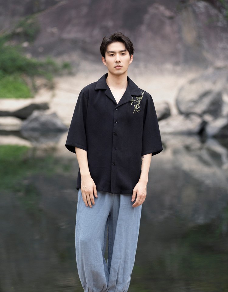 Chinese Long Sleeve Shirt Men Embroidered Tang Suit Top