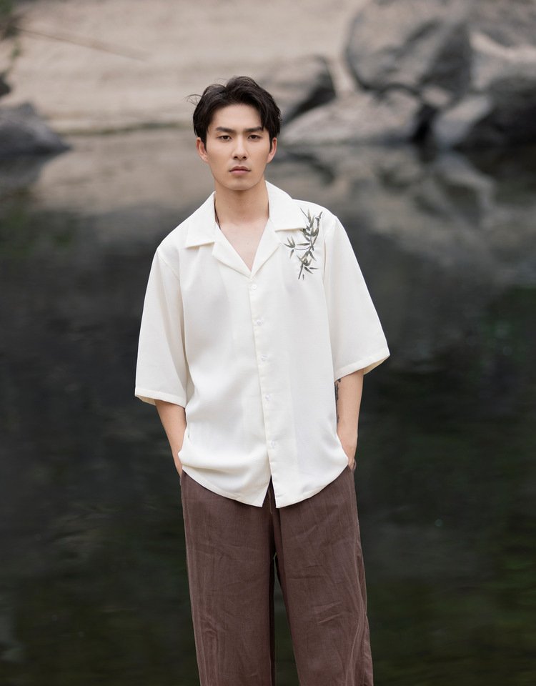 Chinese Long Sleeve Shirt Men Embroidered Tang Suit Top