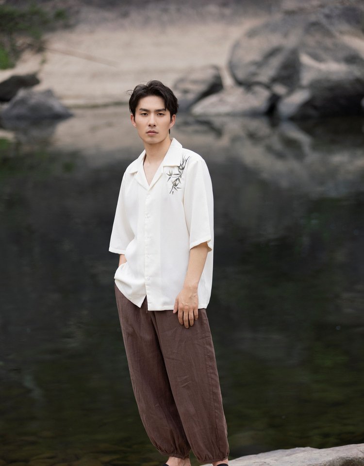 Chinese Long Sleeve Shirt Men Embroidered Tang Suit Top