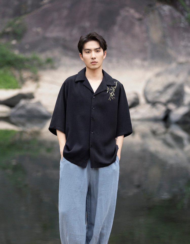 Chinese Long Sleeve Shirt Men Embroidered Tang Suit Top