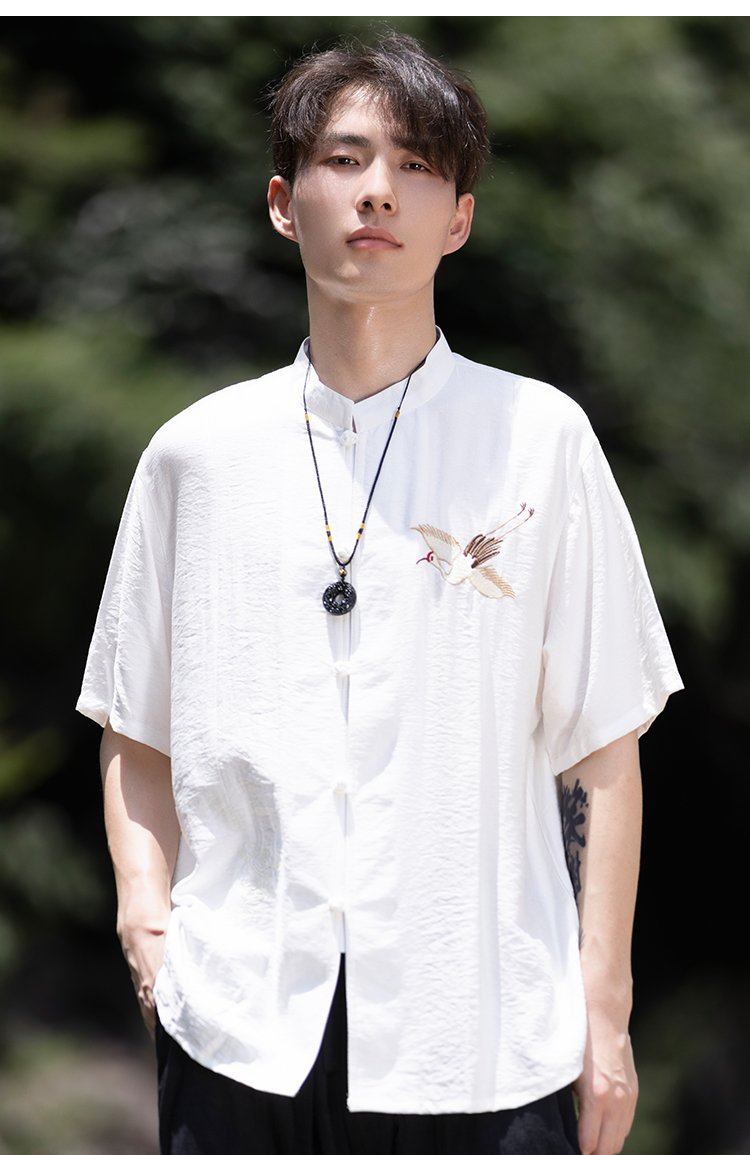 Chinese Men's Shirt Crane Embroidery Zhongshan Suit Top