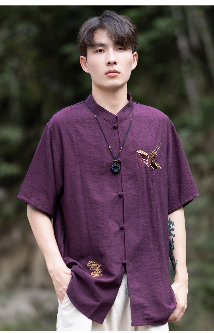 Chinese Men's Shirt Crane Embroidery Zhongshan Suit Top