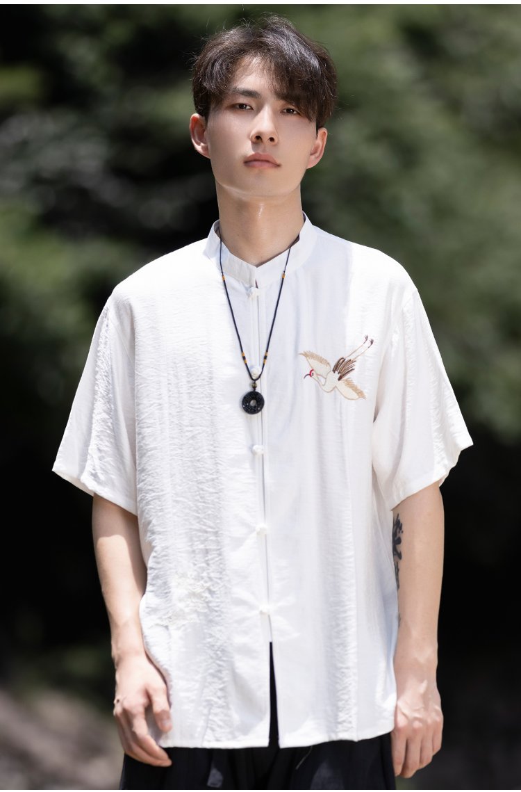 Chinese Men's Shirt Crane Embroidery Zhongshan Suit Top