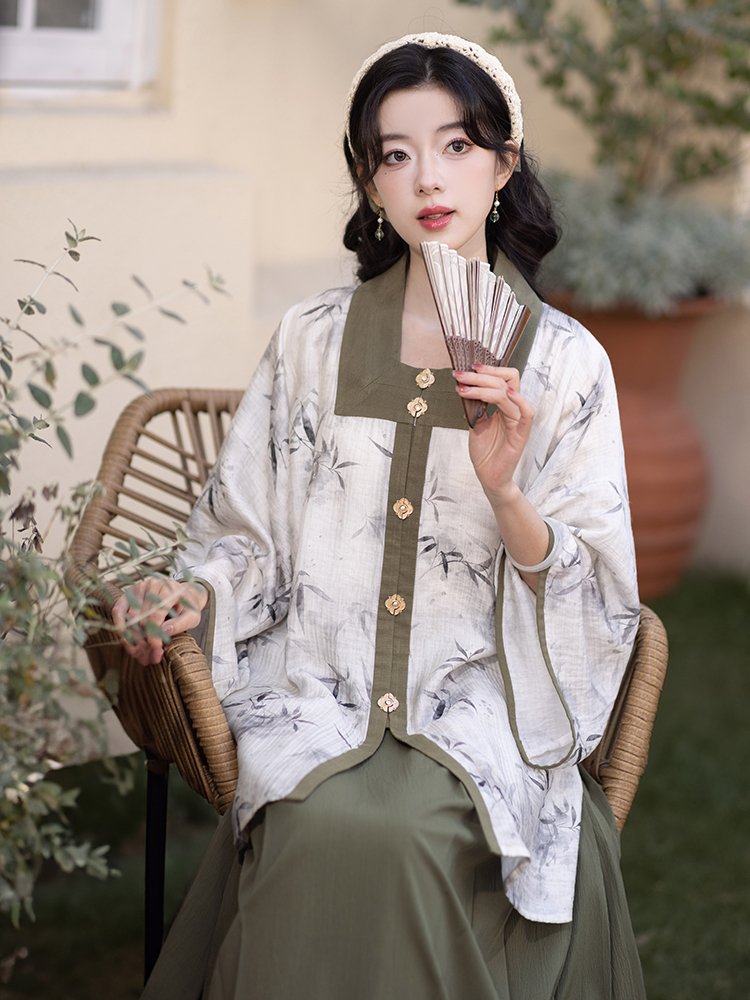 Chinese Modern Hanfu Bamboo Print Blouse and Skirt