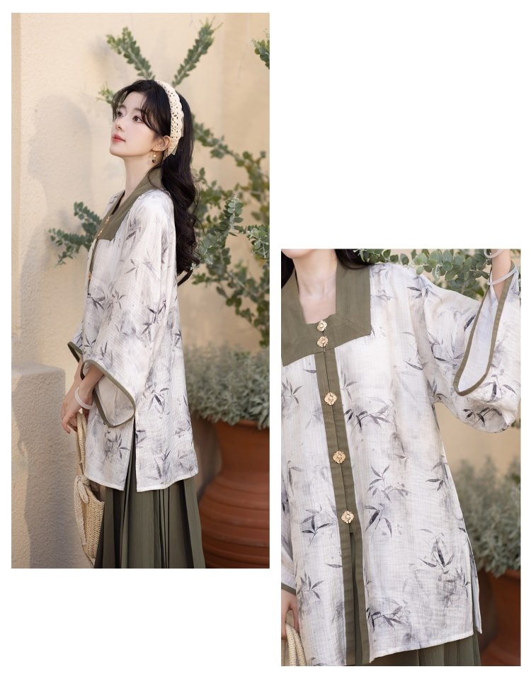 Chinese Modern Hanfu Bamboo Print Blouse and Skirt