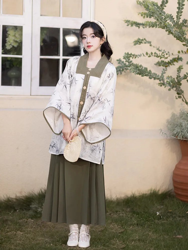 Chinese Modern Hanfu Bamboo Print Blouse and Skirt