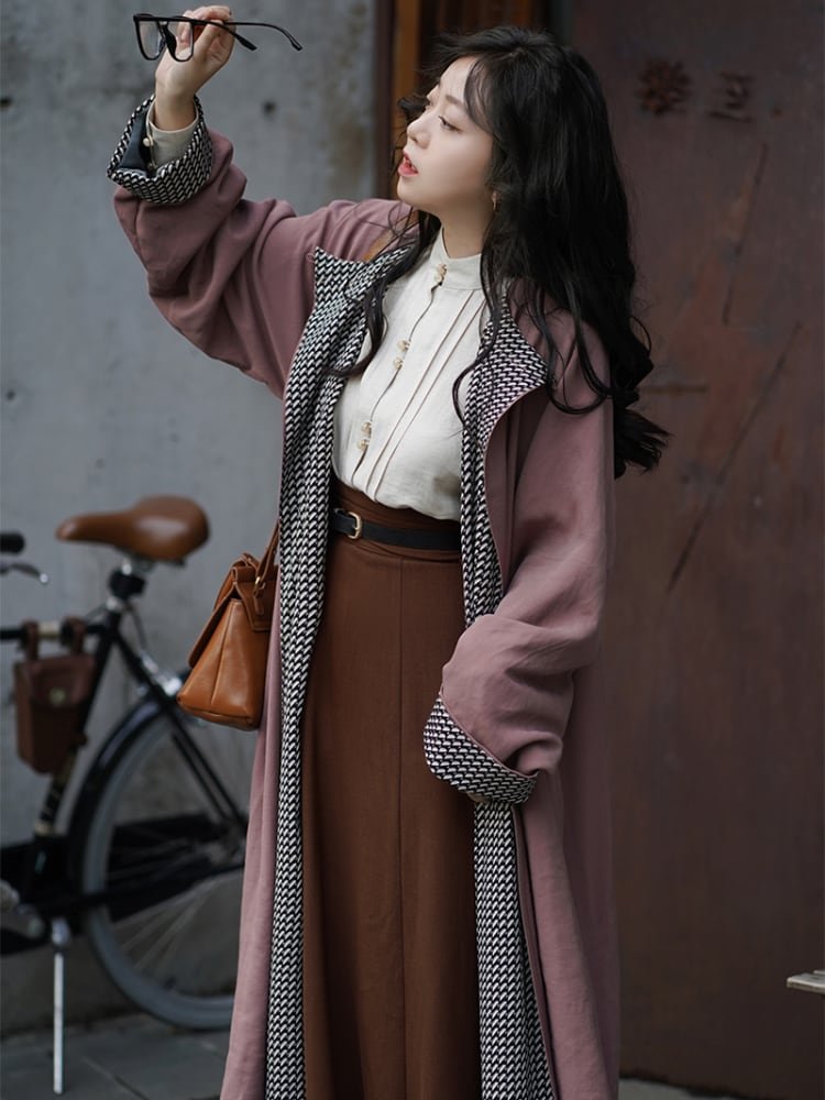 Chinese Style Long Coat Women Round Neck Robe