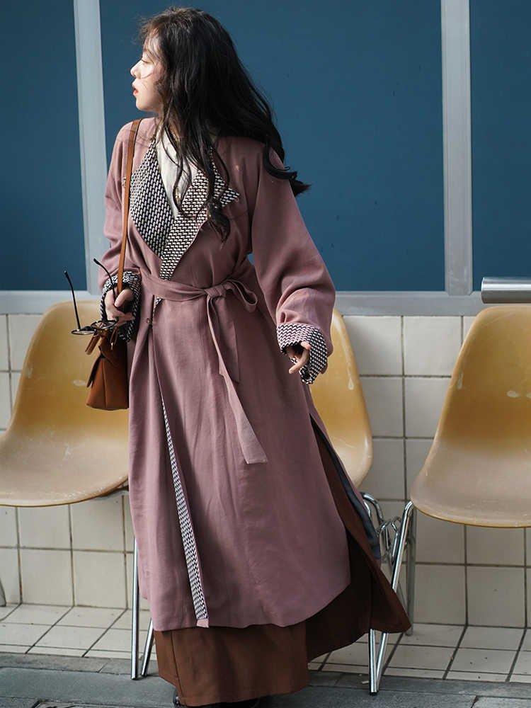 Chinese Style Long Coat Women Round Neck Robe