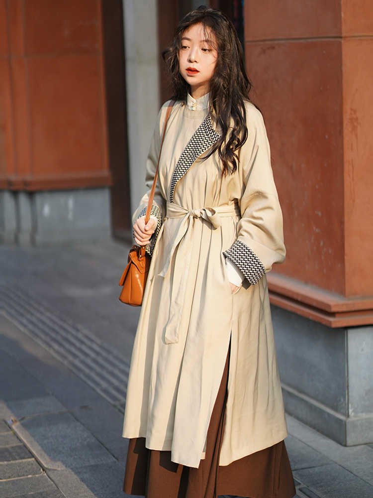Chinese Style Long Coat Women Round Neck Robe
