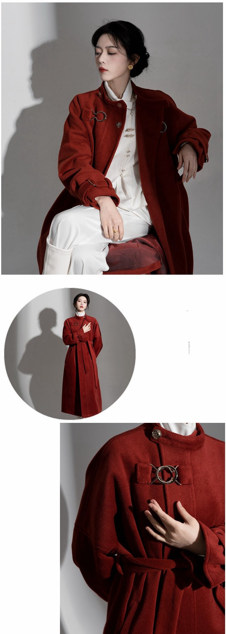 Chinese Style Long Red Coat Round Neck Robe