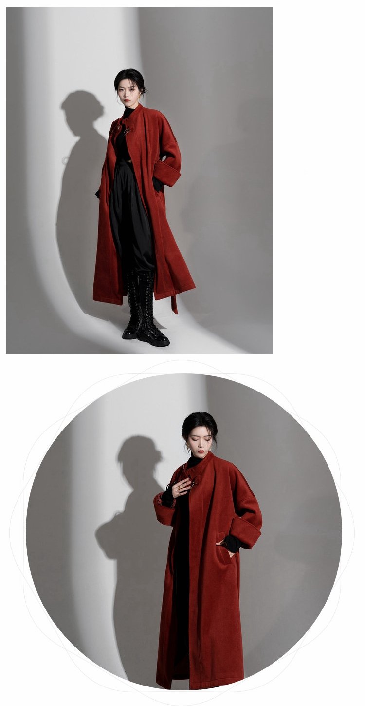 Chinese Style Long Red Coat Round Neck Robe