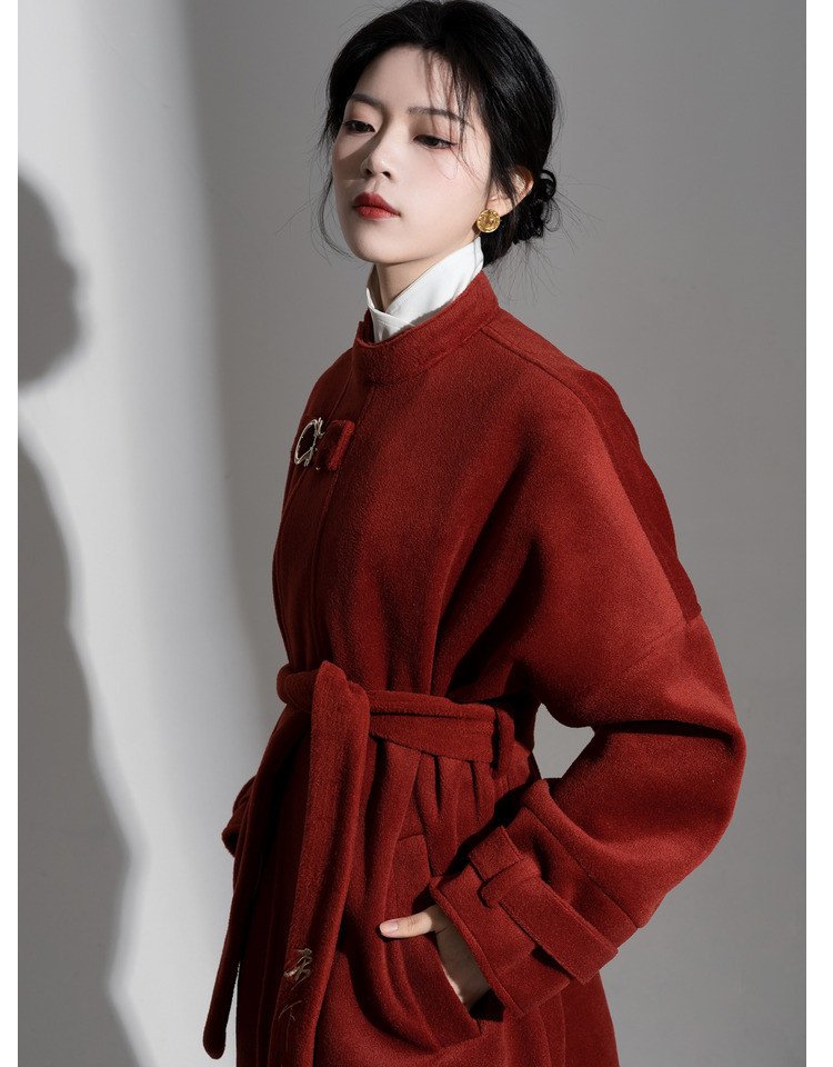 Chinese Style Long Red Coat Round Neck Robe