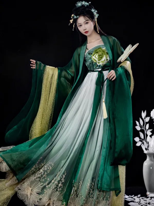Chinese Tang Dynasty Dark Green Hanfu Dress Female