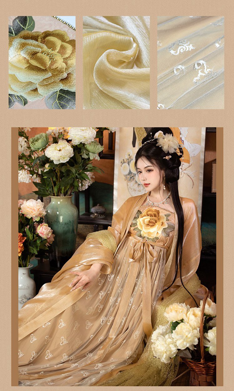 Chinese Tang Dynasty Golden Hanfu Embroidery Qixiong Dress