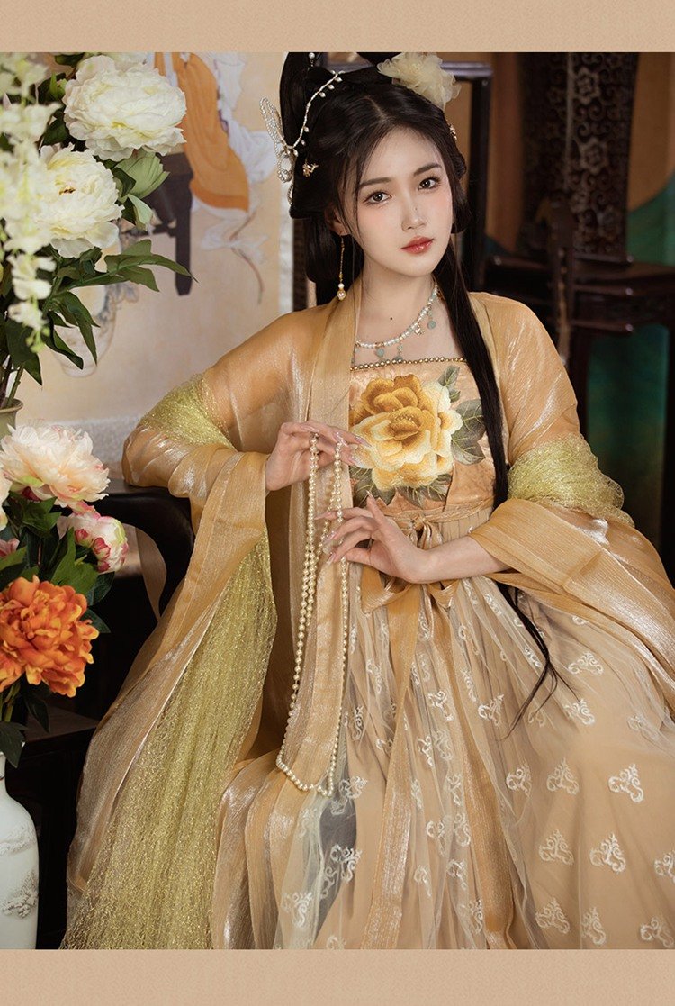 Chinese Tang Dynasty Golden Hanfu Embroidery Qixiong Dress