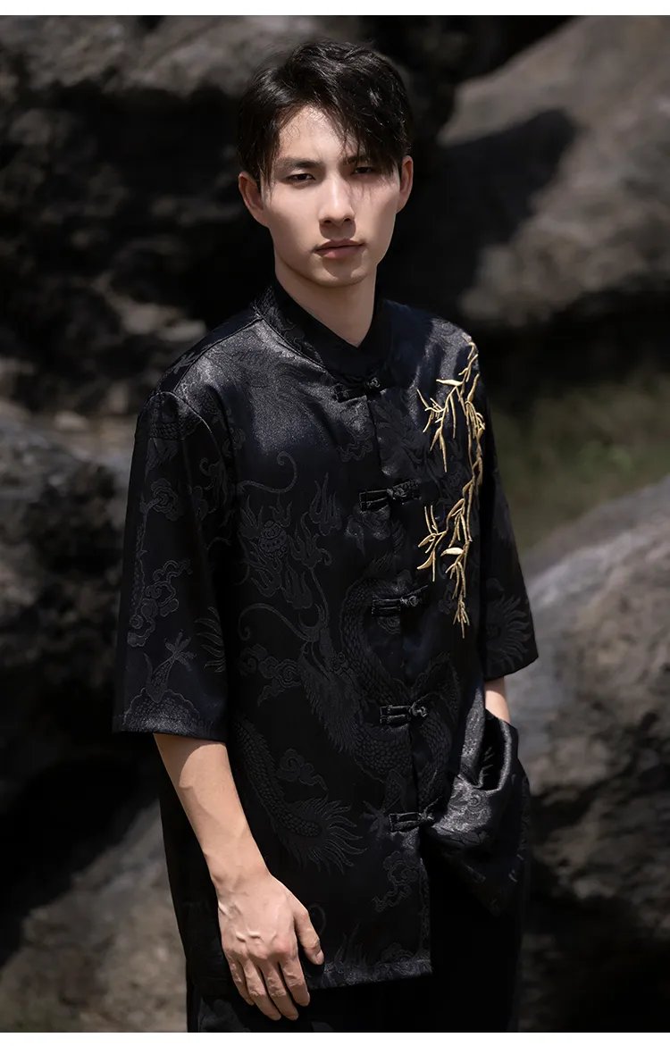 Chinese Tunic Suit Shirt Embroidery Casual Top Men