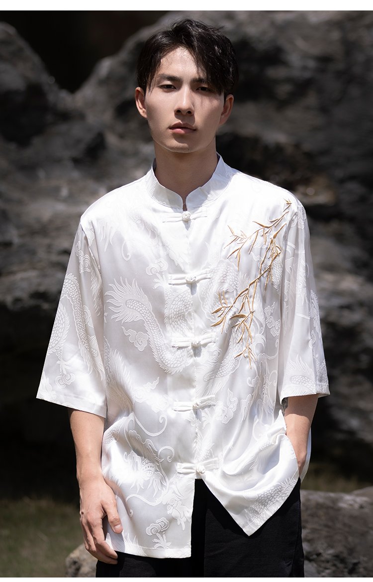Chinese Tunic Suit Shirt Embroidery Casual Top Men